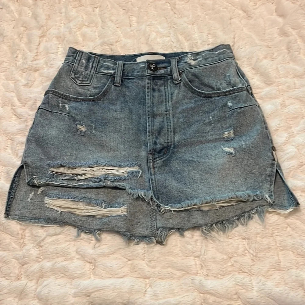 One Teaspoon Vanguard Distressed Bottom Fly Denim Mini Skirt